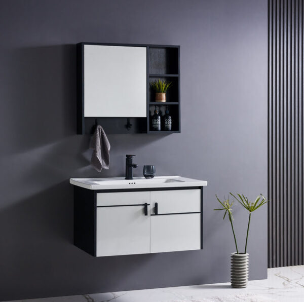 BCW1006-80WT Armoire de Toilette Murale avec Vasque – BCW1006-80WT – 80 cm – Noir & Blanc Moderne
